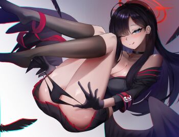 1girl absurdres bare_shoulders black_hair black_panties black_serafuku black_skirt black_thighhighs black_wings blue_archive blue_eyes breasts cleavage commentary_request halo highres holding holding_panties holding_underwear holding_unworn_clothes ichika_(blue_archive) large_breasts licking_lips long_hair looking_at_viewer panties pussy red_halo school_uniform serafuku skirt solo thighhighs tongue tongue_out underwear very_long_hair wings yuki_(yuki_yu_owo)