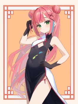 1girl absurdres black_gloves blush border breasts china_dress chinese_clothes cleavage_cutout closed_mouth clothing_cutout commentary_request covered_navel cowboy_shot double_bun dress eyebrows_hidden_by_hair gloves green_eyes hair_bun hair_ornament hanako_nana hand_up highres korean_commentary long_hair looking_at_viewer multicolored_hair orange_background ornate_border outside_border panties panty_peek parted_bangs pink_hair playing_with_own_hair red_panties side-tie_panties simple_background sleeveless sleeveless_dress small_breasts solo standing stellive streaked_hair string_panties two-tone_dress underwear very_long_hair virtual_youtuber white_border x_hair_ornament yeoun