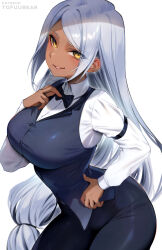 Rule 34 | 1girl, alternate hairstyle, black pants, blush, borrowed character, breasts, commission, dark-skinned female, dark skin, formal, grey hair, highres, large breasts, long hair, looking at viewer, low-tied long hair, open mouth, original, pants, parted bangs, simple background, smile, solo, tofuubear, vest, white background, yellow eyes