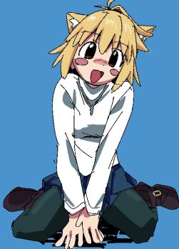 1girl :d animal_ear_fluff animal_ears arcueid_brunestud arm_support black_pantyhose blue_background blue_skirt blush blush_stickers boots brown_boots buckle_boot cat_ears cat_girl facing_viewer jewelry miniskirt moyosan necklace open_mouth pantyhose sitting skirt smile sweater tsukihime tsukihime_(remake) turtleneck turtleneck_sweater wariza white_sweater