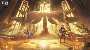 2girls absurdres bare_legs black_dress black_jacket black_pantyhose black_shorts black_thighhighs blonde_hair blue_bra bra cartethyia_(wuthering_waves) cropped_jacket crown_of_thorns dress faceoff galbrena_(wuthering_waves) game_cg grey_hair gun highres holding holding_gun holding_sword holding_weapon jacket logo long_hair medium_hair missing_commentary multiple_girls navel official_art pantyhose shorts single_leg_pantyhose single_thighhigh spoilers stomach sword tabard thighhighs underwear weapon white_tabard wuthering_waves