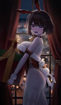 1girl animal_ear_hairband animal_ears ass bell black_hair breasts choker christmas_present commentary cowboy_shot curtains english_commentary fake_animal_ears from_side fur-trimmed_leotard fur_trim gift glass_writing hair_intakes hairband heterochromia highres hiphighs holding holding_gift indoors jiajia_0425 korean_text large_breasts leotard looking_at_viewer looking_to_the_side neck_bell night open_mouth original pink_eyes purple_eyes rabbit_ear_hairband rabbit_ears red_choker red_leotard short_hair solo strapless strapless_leotard sweat translation_request turning_head walking white_hiphighs window