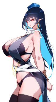 1girl absurdres adapted_costume black_bra black_dress black_hair black_panties black_thighhighs blue_hair bound bound_wrists bra breasts colored_inner_hair commentary dress earrings expressionless from_side hat highres iizunamaru_megumu jewelry large_breasts long_hair looking_at_viewer midriff multicolored_hair navel panties parted_lips pointy_ears raptor7 red_eyes see-through_clothes solo thighhighs thighs tokin_hat touhou two-tone_hair underwear white_background