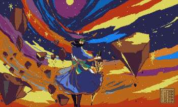 1girl absurdres artist_name atelier_tefu black_hat blue_hair blue_skirt boots bow brown_boots commentary dated food frilled_skirt frills from_behind fruit green_bow hat highres hinanawi_tenshi holding holding_sword holding_weapon long_hair moon night peach peach_hat_ornament pixel_art shirt skirt solo star_(sky) sword sword_of_hisou touhou weapon white_shirt