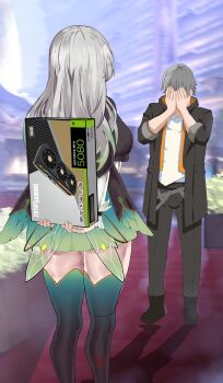 1boy 1girl absurdres arms_behind_back artist_logo artist_name black_coat black_pants caelus_(honkai:_star_rail) coat commentary covering_own_eyes english_commentary firefly_(honkai:_star_rail) full_body geforce_rtx_5080 gift graphics_card green_thighhighs grey_hair hands_up highres honkai:_star_rail honkai_(series) hood hood_down hooded_coat kagurachi logo nvidia open_clothes open_coat pants shirt signature standing thighhighs trailblazer_(honkai:_star_rail) valentine white_shirt zotac