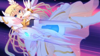 1girl aiming aiming_at_viewer armor blonde_hair blue_eyes breasts bridal_gauntlets dress dutch_angle en_ciel_rena en_ciel_rena_(laelith) energy_cannon floating_hair game_cg gun holding holding_cannon holding_weapon jewelry kourin_tenshi_en_ciel_rena large_breasts large_variant_set long_hair looking_at_viewer magical_girl non-web_source official_art open_mouth saitou_natsuki shield solo suhamaya thighhighs tiara tomoe_rena variant_set very_long_hair weapon white_thighhighs