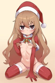 1girl aisaka_taiga bandaid bandaids_on_nipples breasts capelet elbow_gloves full_body gloves hat highres koonowen loli looking_at_viewer panties pasties red_capelet red_gloves red_thighhighs santa_hat small_breasts solo striped_clothes striped_panties thighhighs toradora! underwear