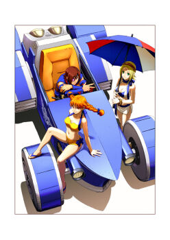 1boy 2girls aika_(eternal_arcadia) bad_id bad_pixiv_id blonde_hair braid breasts brown_eyes brown_hair car cleavage eternal_arcadia eyepatch fina_(eternal_arcadia) green_eyes kyotuka long_hair motor_vehicle multiple_girls navel on_car orange_eyes orange_hair parasol race_queen sega shadow sitting sonic_&amp;_all-stars_racing_transformed sonic_(series) sonic_and_all-stars_racing_transformed twin_braids umbrella vehicle_focus vyse