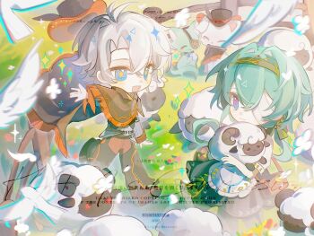 2boys :d anaxa_(honkai:_star_rail) animal animalization antenna_hair black_capelet black_pants black_shoes blue_eyes capelet cat chibi chibi_only closed_mouth crossed_bangs day double-parted_bangs full_body grass green_hair grey_hair grey_shirt hair_between_eyes highres honkai:_star_rail honkai_(series) long_hair long_sleeves male_focus multiple_boys open_mouth outdoors outstretched_arm pants phainon_(honkai:_star_rail) senzhongxun sheep shirt shoes short_hair short_sleeves smile sparkle standing watermark white_shirt yellow_pupils