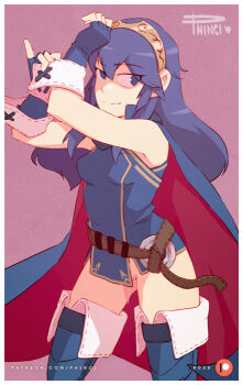 1girl adjusting_clothes adjusting_gloves artist_name blue_eyes blue_gloves blue_hair boots cape eyes_visible_through_hair female_focus fingerless_gloves fire_emblem fire_emblem_awakening gloves gluteal_fold long_hair looking_at_viewer lucina_(fire_emblem) nintendo no_panties no_pants phinci pink_background pussy_juice pussy_juice_trail sleeveless smile solo thigh_boots thighhighs tiara uncensored