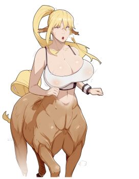 1girl animal_ears bare_arms bare_shoulders blonde_hair bottomless bouncing_breasts breasts centaur centauress centorea_shianus cleavage covered_erect_nipples crossed_bangs exercising hair_between_eyes heavy_breathing highres horse_ears horse_tail huge_breasts long_hair looking_at_viewer materclaws monster_girl monster_musume_no_iru_nichijou motion_lines parted_lips ponytail purple_eyes running signature simple_background solo sports_bra tail taur unaligned_breasts white_background