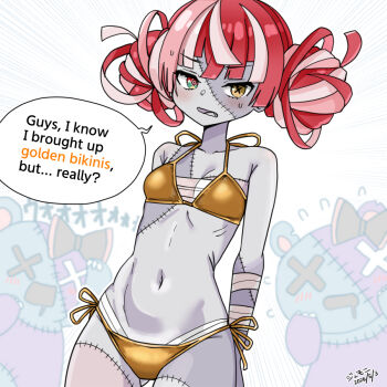 1girl bikini colored_skin commentary_request givemejikan gold_bikini golden_week grey_skin heterochromia hololive hololive_indonesia kureiji_ollie long_hair multicolored_hair patchwork_skin red_eyes red_hair shiny_swimsuit side-tie_bikini_bottom stitched_face stitches string_bikini swimsuit udin_(kureiji_ollie) virtual_youtuber yellow_eyes zombie
