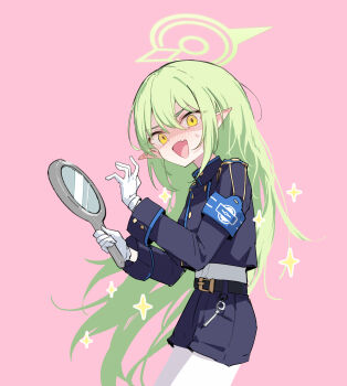 1girl :d armband belt belt_buckle black_belt black_jacket black_shorts blue_archive blush buckle commentary_request cowboy_shot cropped_jacket fang gloves hair_between_eyes hair_down halo hand_mirror highres holding jacket long_hair long_sleeves looking_at_viewer mirror nervous_smile nose_blush nozomi_(blue_archive) open_mouth osisio pantyhose pantyhose_under_shorts pink_background pointy_ears shirt shorts simple_background smile solo sparkle very_long_hair white_gloves white_pantyhose white_shirt yellow_eyes