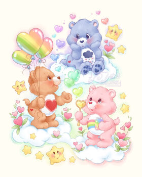 1girl 2boys animal_ears balloon bear_boy bear_ears bear_girl bear_tail blowing_bubbles blue_fur blush body_fur bubble_wand care_bears cheer_bear cloud commentary english_commentary furry furry_female furry_male grumpy_bear heart holding holding_balloon holding_jar holding_wand jar multiple_boys orange_fur pastel_colors pink_fur retro_artstyle samantha_whitten star_(symbol) tail tenderheart_bear wand watermark yume_kawaii