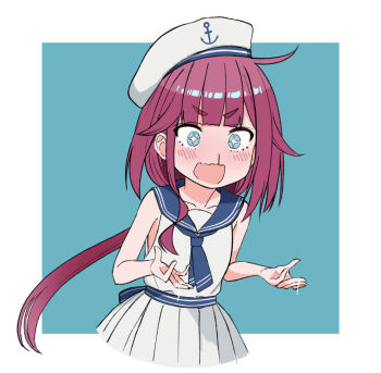 1girl aimoto_asahi_(urushiushiru) aqua_background aqua_eyes aroused_nosebleed belt blood blue_belt blue_neckerchief blue_sailor_collar blush border commentary_request cropped_legs hands_up hat implied_fingering implied_yuri long_hair neckerchief no_nose nosebleed open_mouth original outside_border pleated_skirt pussy_juice pussy_juice_on_fingers red_hair sailor_collar sailor_hat school_uniform serafuku shirt short_eyebrows simple_background skirt sleeveless sleeveless_shirt smile solo straight_hair urushiushiru v-shaped_eyebrows variant_set wavy_mouth white_border white_hat white_serafuku white_shirt