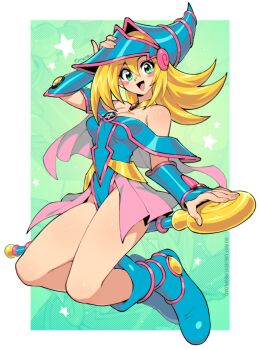 Rule 34 | 1girl, :d, arm guards, arm up, artist name, bare legs, bare shoulders, blonde hair, blue boots, blue dress, blue hat, blush stickers, boots, border, breasts, cleavage, commentary, copyright notice, dark magician girl, dress, english text, full body, green eyes, hand on own hat, hat, long hair, looking at viewer, medium breasts, off-shoulder dress, off shoulder, open mouth, outside border, pink dress, qewie, short sleeves, sitting, smile, solo, staff, star (symbol), straight hair, thick thighs, thighs, two-tone dress, white border, yu-gi-oh!