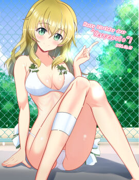 1girl 2024 arm_support bare_arms bare_legs bare_shoulders bikini blonde_hair blush breasts carpaccio_(girls_und_panzer) chain-link_fence character_name cleavage closed_mouth cloud collarbone commentary_request dated day english_text fence girls_und_panzer gratin_(kumaisao) green_eyes hair_between_eyes happy_birthday highres legs long_hair looking_at_viewer medium_breasts outdoors pool poolside shiny_skin sidelocks sitting sky smile solo swimsuit thighs translation_request tree wavy_hair white_bikini