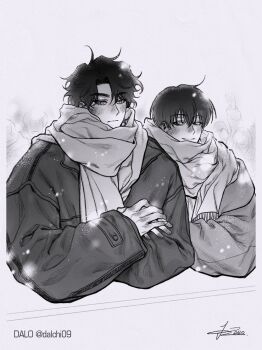 Rule 34 | 2boys, :|, black hair, blush, closed mouth, coat, commentary, dalchi09, elbow rest, english commentary, fringe trim, greyscale, kim dokja, looking at another, male focus, monochrome, multiple boys, omniscient reader's viewpoint, outdoors, own hands together, scarf, short hair, smirk, snowing, upper body, winter clothes, winter coat, yoo joonghyuk