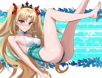 1girl bare_shoulders barefoot blonde_hair blush bow breasts ereshkigal_(fate) ereshkigal_(swimsuit_beast)_(fate) fate/grand_order fate_(series) green_one-piece_swimsuit hair_bow hairband highres icbm100 long_hair looking_at_viewer medium_breasts o-ring one-piece_swimsuit parted_bangs red_eyes smile solo space_ereshkigal_(fate) swimsuit two-tone_swimsuit two_side_up white_one-piece_swimsuit