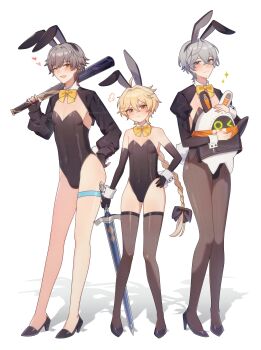3boys absurdres aether_(genshin_impact) ahoge animal_ears annoyed bandana bangboo_(zenless_zone_zero) bare_shoulders baseball_bat black_footwear black_gloves black_leotard black_shrug blonde_hair blue_eyes blush bow bowtie braid brown_eyes brown_pantyhose brown_thighhighs buttons caelus_(honkai:_star_rail) closed_mouth company_connection covered_navel creature crossdressing crossdressing_(mtf) crossed_bangs crossover detached_collar elbow_gloves eous_(zenless_zone_zero) fake_animal_ears fake_tail fingerless_gloves genshin_impact gloves grey_hair hair_between_eyes hair_bow hand_on_own_hip hand_up heart high_heels highres holding holding_baseball_bat holding_sword holding_weapon honkai:_star_rail honkai_(series) hug juliet_sleeves leotard long_hair long_sleeves looking_at_viewer low-braided_long_hair low-tied_long_hair male_focus mihoyo multiple_boys multiple_crossover one_eye_closed open_mouth orange_bandana over_shoulder pantyhose playboy_bunny puffy_long_sleeves puffy_sleeves rabbit_ears rabbit_tail raramuda_0101 shadow shoes short_hair shrug_(clothing) smile sparkle strapless strapless_leotard sword tail thighhighs trailblazer_(honkai:_star_rail) v-shaped_eyebrows weapon weapon_over_shoulder wing_collar wise_(zenless_zone_zero) wrist_cuffs yellow_bow yellow_bowtie yellow_eyes zenless_zone_zero