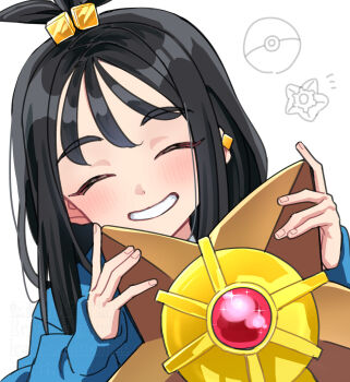 1girl black_hair blue_hoodie choppy_bangs closed_eyes commentary cube_hair_ornament gen_1_pokemon grin hair_bobbles hair_ornament half_updo head_tilt highres hood hoodie lida_(pokemon) light_blush long_hair nintendo pokemon pokemon_(creature) pokemon_legends:_z-a portrait raised_eyebrows shinae smile solo staryu symbol-only_commentary