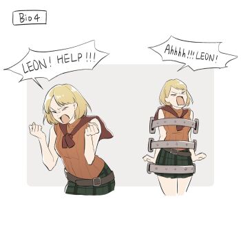 >_< 1girl ashley_graham blonde_hair breasts capcom clenched_hand closed_eyes gameplay_mechanics highres large_breasts multiple_views open_mouth resident_evil resident_evil_4 screaming short_hair skirt sleeveless sleeveless_turtleneck solo tied_up_(nonsexual) tongue turtleneck