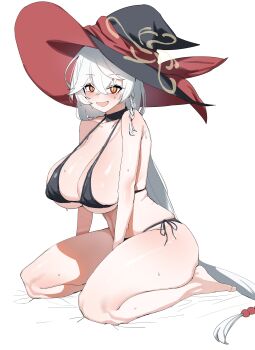 1girl absurdres beads bed_sheet between_legs bikini black_bikini black_choker blue_archive blush braid breasts choker cleavage eri_(blue_archive) hair_beads hair_ornament halo hand_between_legs hat highres huge_breasts long_hair looking_at_viewer open_mouth plentyofempty seiza shiny_skin side-tie_bikini_bottom side_braid side_halo simple_background sitting smile solo swimsuit tilted_halo very_long_hair white_background white_hair witch_hat yellow_eyes yellow_halo