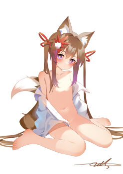 1girl absurdres animal_ear_fluff animal_ears bare_legs barefoot bottomless breasts brown_hair feet gradient_hair highres multicolored_hair naked_shirt navel open_clothes original purple_eyes purple_hair shirt sitting small_breasts star-shaped_pupils star_(symbol) stomach symbol-shaped_pupils tail toes wariza zds