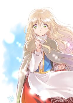 1girl apron artist_name basket blonde_hair blue_vest brown_cloak cloak closed_mouth commentary_request cowboy_shot dated green_eyes hair_between_eyes hand_up highres holding holding_basket judy_totoya long_hair open_clothes open_vest original picnic_basket puffy_sleeves red_skirt sash shirt skirt solo straight-on turtleneck turtleneck_shirt vest waist_apron white_apron white_shirt wind yellow_sash