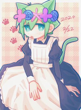 Rule 34 | 1boy, alternate costume, animal ears, antenna hair, basil (headspace) (omori), basil (omori), blush, bright pupils, cat boy, cat ears, cat tail, colored skin, commentary request, crossdressing, crossdressing (mtf), dated, double-parted bangs, enmaided, flower, flower wreath, green eyes, green hair, hair between eyes, head wreath, highres, juliet sleeves, kemonomimi mode, long sleeves, looking at viewer, maid, male focus, male maid, omori, parted lips, puffy sleeves, short hair, sidelocks, solo, tail, white pupils, white skin, yksm oe