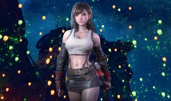 1girl 3d abs absurdres black_hair blair_armitage breasts crop_top final_fantasy final_fantasy_vii final_fantasy_vii_remake highres night night_sky non-web_source realistic redesign skirt sky solo suspenders tank_top tifa_lockhart