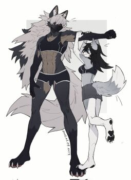 2girls abs animal_ear_fluff animal_ears animal_nose black_hair black_shorts blue_eyes body_fur breasts claws clothing_cutout full_body furry furry_female grey_hair hair_between_eyes hair_over_eyes hand_on_own_thigh height_difference highres medium_breasts multiple_girls muscular muscular_female navel original pawpads scar scar_on_face scar_on_nose short_shorts shorts smile sports_bra standing standing_on_one_leg tail tail_through_clothes tall_female tammypanthera wolf_ears wolf_girl wolf_tail