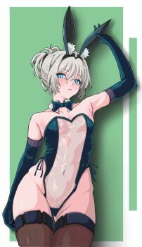 1girl alternate_costume alternate_hairstyle an-94_(girls&#039;_frontline) animal_ear_fluff animal_ear_hairband animal_ears areola_slip arm_at_side arm_up armpits bare_shoulders black_bow black_bowtie black_gloves black_hairband black_leotard black_ribbon black_thighhighs blue_eyes bow bowtie buckle closed_mouth commentary_request contrapposto covered_navel cowboy_shot detached_collar elbow_gloves expressionless fake_animal_ears flat_chest girls&#039;_frontline gloves gluteal_fold green_background gskittles hair_between_eyes hair_up hairband hand_on_headwear highleg highleg_leotard highres hip_bones korean_commentary leotard looking_at_viewer navel pear-shaped_figure playboy_bunny rabbit_ear_hairband rabbit_ears rabbit_tail ribbon see-through_clothes see-through_leotard side-tie_leotard simple_background solo standing strapless strapless_leotard tail thigh_gap thighhighs traditional_bowtie translucent_bunnysuit two-tone_background updo wing_collar