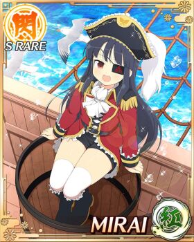 Rule 34 | 1girl, bird, black hair, black shorts, border, card (medium), character name, coat, day, eyepatch, flat chest, game cg, hat, long hair, looking at viewer, lookout platform, mirai (senran kagura), mitsudomoe (shape), ocean, official art, open mouth, pirate, pirate costume, pirate hat, red coat, red eyes, seagull, senran kagura, senran kagura new wave, ship, shorts, sitting, smile, solo, thighhighs, tomoe (symbol), watercraft, white thighhighs