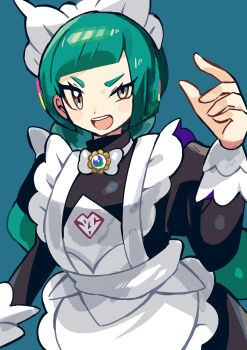 1girl anidler91 apron black_romper blunt_bangs bow bowtie braid braided_ponytail green_hair half-closed_eye highres juliet_sleeves lebanne_(pokemon) long_braid long_hair long_sleeves maid maid_apron maid_headdress mega_stone nintendo open_mouth pokemon pokemon_legends:_z-a puffy_sleeves romper solo teeth upper_body upper_teeth_only v-shaped_eyebrows white_bow white_bowtie