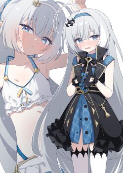 1girl absurdres ahoge bikini bikini_skirt black_dress black_gloves black_ribbon blue_dress blue_eyes blue_hairband blue_ribbon blush chess_piece coat_dress collarbone commentary dress extra_pupils female_tyrant_(stella_sora) female_tyrant_(swimsuit)_(stella_sora) flat_chest frilled_bikini frilled_dress frilled_gloves frills gloves grey_hair hagoonha hair_ornament hair_ribbon hairband highres huge_ahoge jewelry key key_necklace layered_dress looking_at_viewer multiple_views neck_ribbon necklace official_alternate_costume own_hands_together pointy_ears ribbon sleeveless sleeveless_dress stella_sora swimsuit thighhighs tyrant_(stella_sora) white_bikini white_hairband white_thighhighs zoom_layer