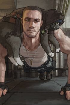 1boy animal animal_on_shoulder animalization black_gloves boots brown_hair buzz_cut cat cat_on_shoulder chinese_commentary closed_mouth coat commentary_request exercising fingerless_gloves fukurau full_body gloves grey_boots grey_coat grey_pants gun handgun indoors male_focus mask pants push-ups respirator shell_casing short_hair skif_(stalker_2) smile solo stalker_(game) stalker_2:_heart_of_chornobyl strider_(stalker) tank_top very_short_hair weapon white_tank_top