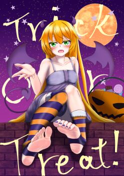 1girl absurdres asymmetrical_legwear barefoot blonde_hair blush demon_tail demon_wings feet green_eyes halloween highres long_hair looking_at_viewer open_mouth soles stirrup_legwear striped_clothes striped_thighhighs tail thighhighs toeless_legwear toes wings yaten_cross