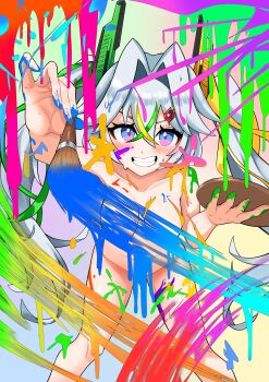 1girl absurdres blonde_hair blue_eyes breasts clenched_teeth commentary_request completely_nude convenient_censoring dragon_musume_ni_naritakunai! duel_masters green_hair green_ribbon grey_hair hair_between_eyes hair_ornament hair_ribbon heaven10317 highres holding holding_paint_palette holding_paintbrush long_hair medium_breasts multicolored_eyes multicolored_hair nude paint_on_body paint_palette paint_splatter paint_splatter_on_face paintbrush pink_eyes ribbon smile solo sukune_maron sweatdrop teeth twintails yellow_ribbon