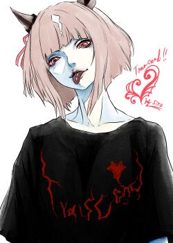 animal_ears artist_name black_shirt bow brown_hair character_name commentary_request ear_covers ear_ribbon highres horse_ears horse_girl looking_at_viewer multicolored_hair pale_skin red_eyes red_ribbon ribbon shirt short_hair signature simple_background siro1822403 tongue tongue_out transcend_(umamusume) umamusume white_background