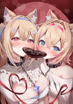 2girls absurdres animal_collar animal_ear_fluff animal_ears bandaid bandaid_hair_ornament blonde_hair blue_eyes blue_gem blue_hairband blue_streaks blush breasts chain cleavage collar commentary_request cropped_shirt crossed_bangs dog_ears dog_girl dress fake_horns fuwawa_abyssgard gem hair_between_eyes hair_ornament hairband hairclip happy_valentine heart heart_background heart_in_eye highres hololive hololive_english horn_hairband horns large_breasts long_hair looking_at_viewer mococo_abyssgard multicolored_hair multiple_girls neru5 pink_eyes pink_hairband pink_streaks red_ribbon ribbon shirt short_hair siblings signature simple_background single_bare_shoulder single_off_shoulder sisters spiked_collar spikes streaked_hair symbol_in_eye twins upper_body valentine virtual_youtuber white_dress white_shirt