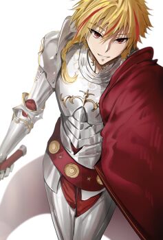 1boy armor blonde_hair braid cape fate/grand_order fate/strange_fake fate_(series) highres holding holding_sword holding_weapon long_hair male_focus multicolored_hair muneomon_(takomon) red_cape red_eyes red_hair richard_i_(fate) shadow simple_background single_braid smile solo streaked_hair sword weapon white_background