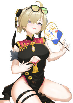 1girl absurdres ahoge blonde_hair blush breasts bun_cover china_dress chinese_clothes cleavage cleavage_cutout clothing_cutout double_bun dress eyewear_on_head hair_between_eyes hair_bun hand_fan high_heels highres holding holding_fan looking_at_viewer open_mouth purple_eyes short_hair short_twintails simple_background sitting solo sunglasses sweat sweety_(zenless_zone_zero) thigh_strap twintails underboob wan_ban wariza white_background zenless_zone_zero