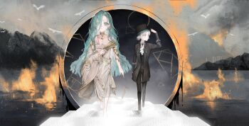 37_(reverse:1999) absurdres adjusting_clothes adjusting_headwear ancient_greek_clothes armlet ascot bare_shoulders barefoot black_boots black_coat black_hat black_pants blue_eyes blue_hair boater_hat boots chacha_(chachachaqqq) coat collared_shirt fire full_body gold_choker golden_spiral greco-roman_clothes grey_hair grey_sky hair_between_eyes hair_bun hand_on_headwear hat highres jewelry long_hair looking_at_viewer looking_to_the_side mountain outdoors pants parted_lips portal_(object) profile reverse:1999 shirt short_hair simple_bird single_side_bun sky stairs vertin_(reverse:1999) very_long_hair walking white_ascot white_shirt