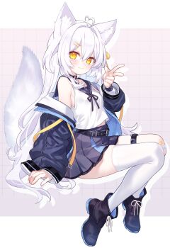 1girl :3 absurdres ahoge animal_ears bare_shoulders belt black_boots black_choker black_jacket black_sailor_collar black_skirt boots breasts check_copyright choker closed_mouth commentary commission copyright_request fox_ears fox_girl fox_tail heart heart_ahoge highres hiraga_matsuri jacket long_hair long_sleeves looking_at_viewer loose_belt midriff_peek miniskirt off_shoulder open_clothes open_jacket orange_eyes original pleated_skirt sailor_collar school_uniform serafuku shirt single_thighhigh skeb_commission skirt sleeveless sleeveless_shirt small_breasts smile solo tail thigh_strap thighhighs v very_long_hair white_hair white_shirt white_thighhighs