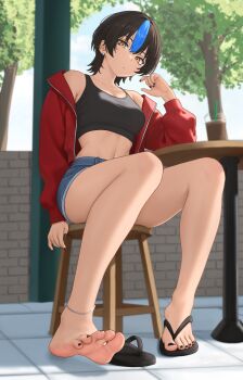 1girl :/ absurdres anklet bare_legs bare_shoulders barefoot black_hair black_nails black_sports_bra blue_streaks breasts brown_eyes cleavage coffee collarbone commentary_request denim denim_shorts drink drinking_straw earrings elbow_rest feet flip-flops foot_focus from_below hair_between_eyes hand_up highres iced_coffee jacket jewelry legs linea_alba looking_at_viewer medium_breasts midriff multicolored_hair nail_polish navel navel_piercing nihu off_shoulder open_clothes open_jacket original piercing presenting_foot red_jacket sandals shiragi_(nihu) short_hair short_shorts shorts single_bare_foot single_hair_streak sitting soles solo sports_bra stomach streaked_hair thighs toenail_polish toenails toes toned toned_female tree unworn_sandals