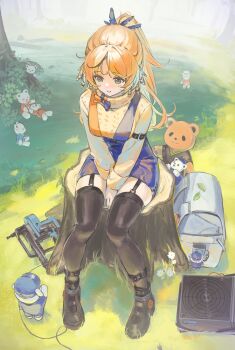 1girl arknights arm_belt backpack bag black_bag black_shoes black_thighhighs blue_bow blue_eyes bow brown_sweater chinese_commentary commentary full_body garter_straps grass highres long_hair long_sleeves looking_at_object multicolored_bow orange_bow orange_hair outdoors parted_lips pinecone_(arknights) ponytail shoes sitting solo stuffed_toy sweater thighhighs two-tone_bow uito_yzwa