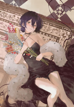 1girl absurdres alternate_costume bare_shoulders black_dress bouquet breasts brown_eyes carpet chainsaw_man criss-cross_straps darr1o dress flower fur_(clothing) hair_bun high-low_dress highres holding holding_bouquet light_smile looking_at_viewer lying medium_breasts on_back purple_hair reze_(chainsaw_man) solo spaghetti_strap