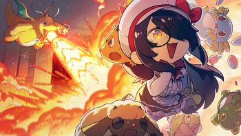 1girl black_hair black_skirt bow center_frills character_request commentary_request crying dragon dragonite fire frills gen_1_pokemon gen_4_pokemon hair_over_one_eye hat hat_bow highres indie_virtual_youtuber itou_life_(vtuber) long_hair nintendo open_mouth pokemon pokemon_(creature) porygon-z red_bow shirt skirt thighhighs turtwig virtual_youtuber white_hat white_shirt white_thighhighs wrbs yellow_eyes