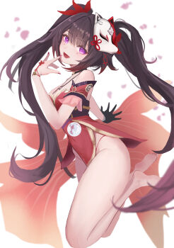 1girl absurdres ann_(enye5842) barefoot black_gloves black_hair dress full_body g-string gloves highleg highleg_dress highres honkai:_star_rail honkai_(series) japanese_clothes legs_up long_hair nail_polish petals purple_eyes red_nails single_glove solo sparkle_(honkai:_star_rail) thong twintails white_background